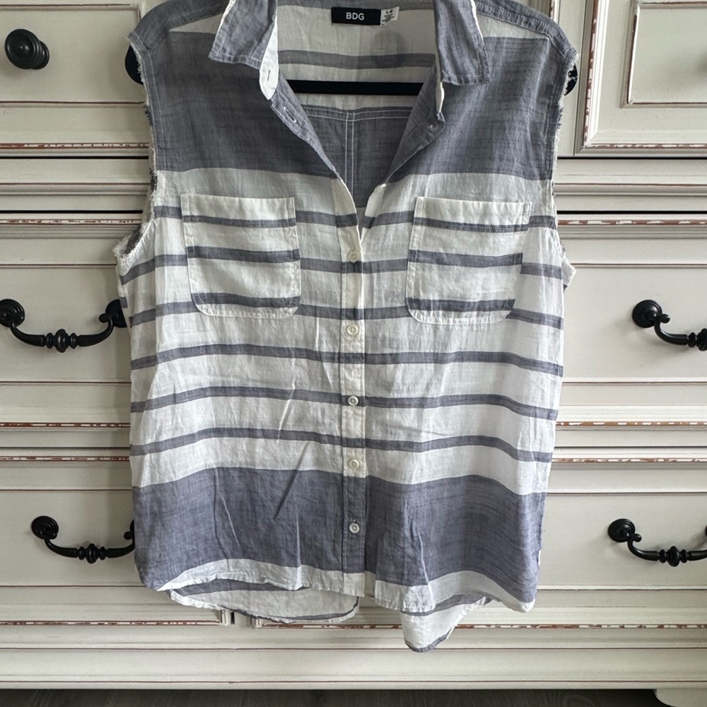 BDG Women’s Casual Striped Button Down Shirt - Blue and White - Picture 4 of 10